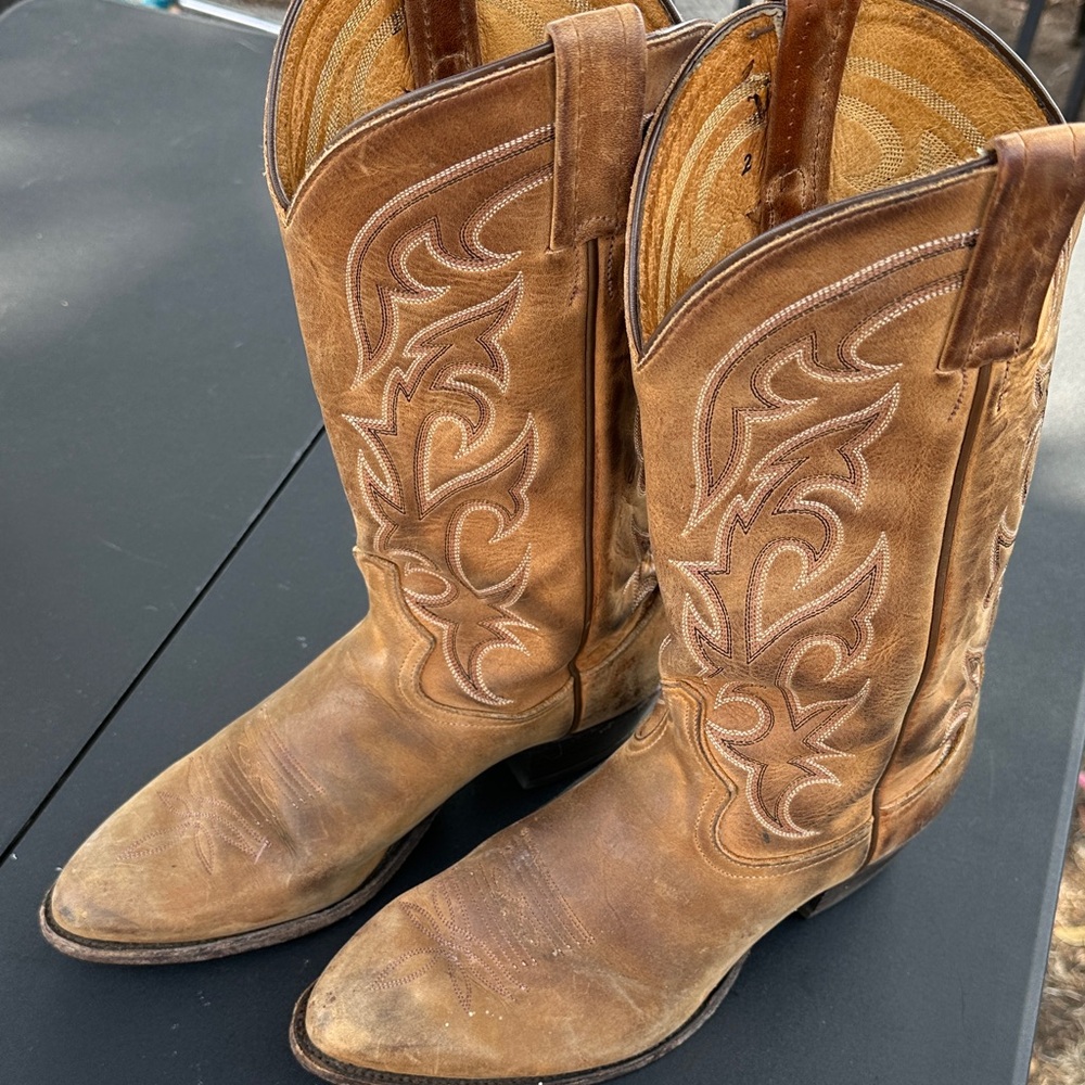 Tony Lama Tan Western Boots with Intricate Stitching